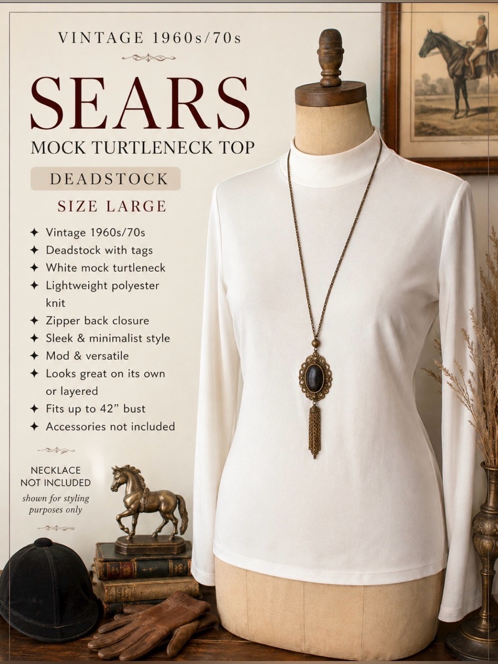 Vintage Sears - deadstock 70’s - white, zipper back -polyester mock turtleneck